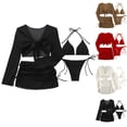 thumbnail image 4 of Cadancy Bikini Sets for Women 4 Piece Swimsuits with Mesh Cover Up Long Sleeve Top and Drawstring Skirt Textured Triangle Tie Side Bottom Bathing Suits Beach Wear, 4 of 4