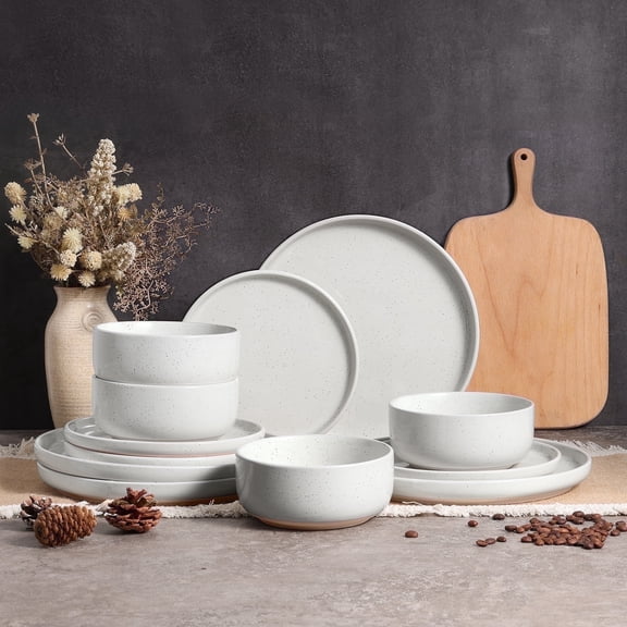 Vesteel 12-Piece Dinnerware Set, Ceramic Plates and Bowls Set for 4, Speckled Stoneware Dishes Set for Family, Microwave & Dishwasher Safe - Speckled White
