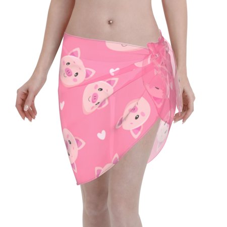Adobk Women Beach Sarong Bathing Suit Cartoon Pigs And Hearts Print Wrap Skirt Sheer Bikini Swimsuit Cover Ups For Swimwear