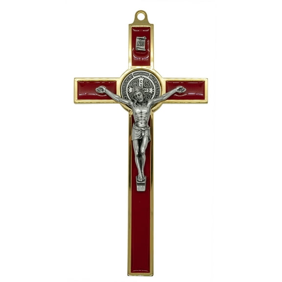8.75" Gold-Tone St. Benedict Crucifix with Red Enamel Inlays