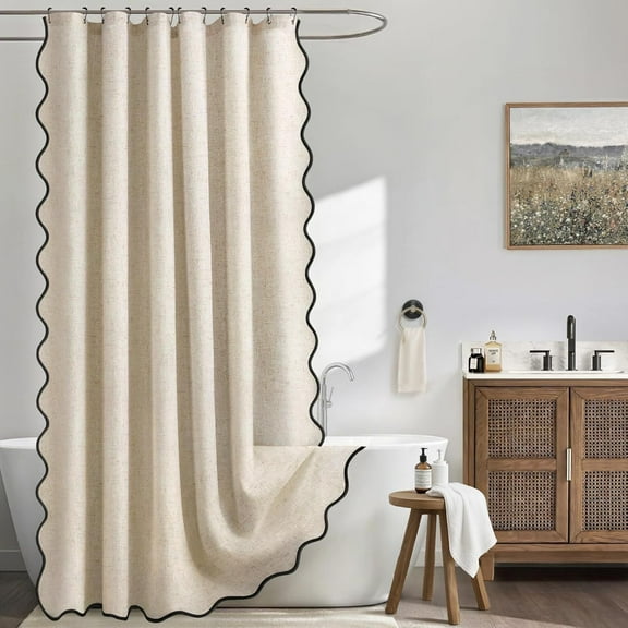 Linen Shower Curtain Beige Cute Black Scalloped Boho Modern Shower Curtains for Bathroom Set, 72" W x 72" L