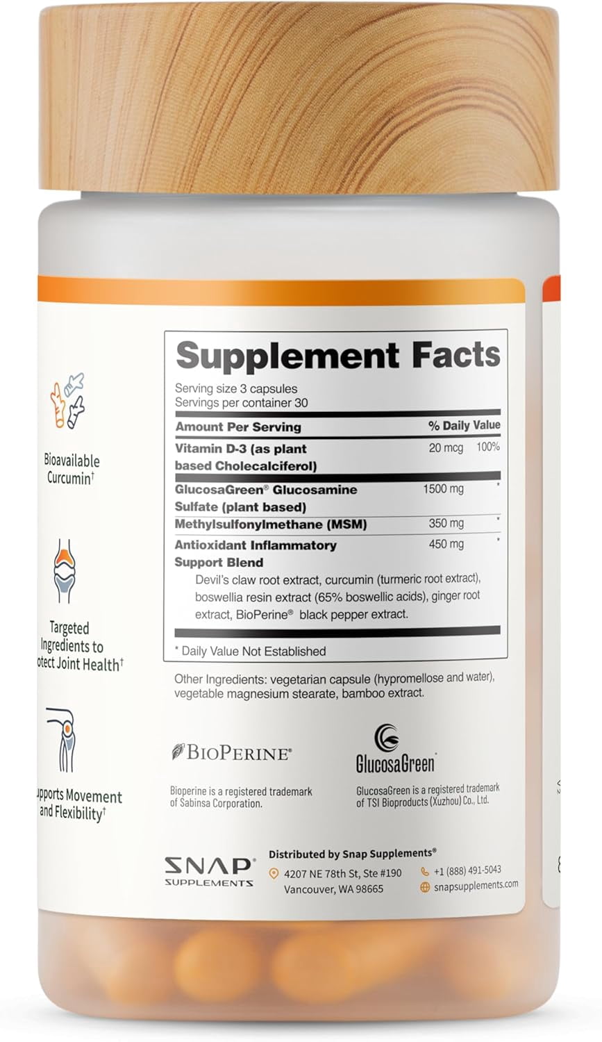 Snap Supplements Joint Health Support, Plant Based Glucosamine & MSM, Movement, Flexibility and Strength - 90 Capsules