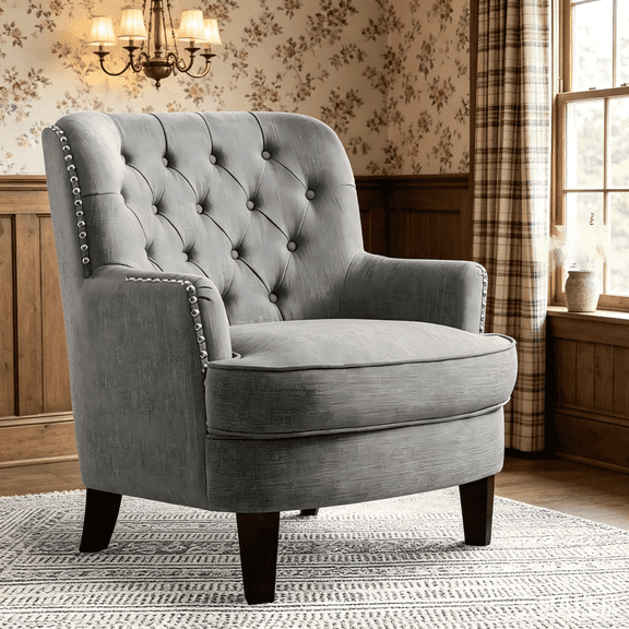 Shengchao TradeVelvet Upholstered Club Chair 34.5”H, Barrel Chair, Wingback Tufted Button Armchair, Contemporary Nailhead Accent Chair for Living Room, Bedroom, Recreation Room, Entryway, Small Space