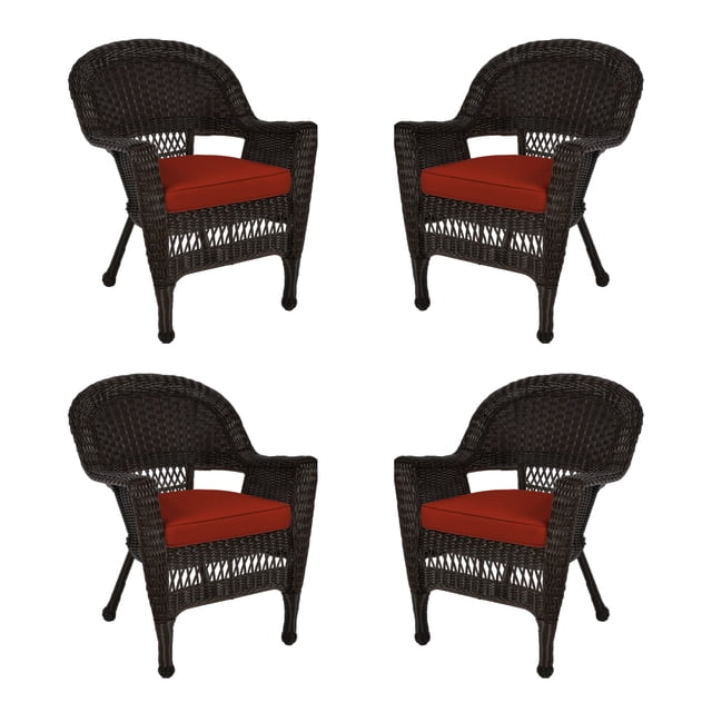 Jeco Chaise en Osier Couleur Espresso avec Coussin Rouge (Ensemble de 4)