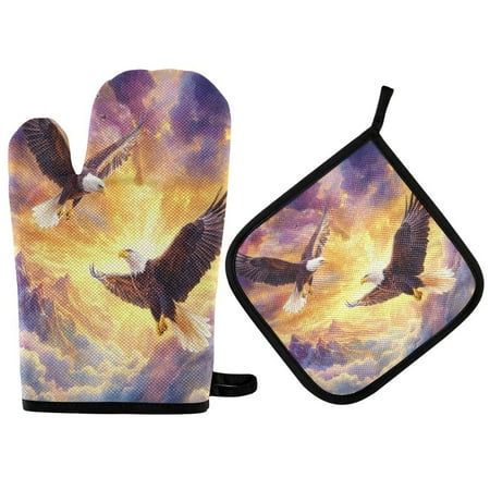 

Heat Resistant Oven Glove & Hot Pad Set Reusable and Washable Kitchen Combo for Baking BBQ Oven Microwave Two Bald Eagles