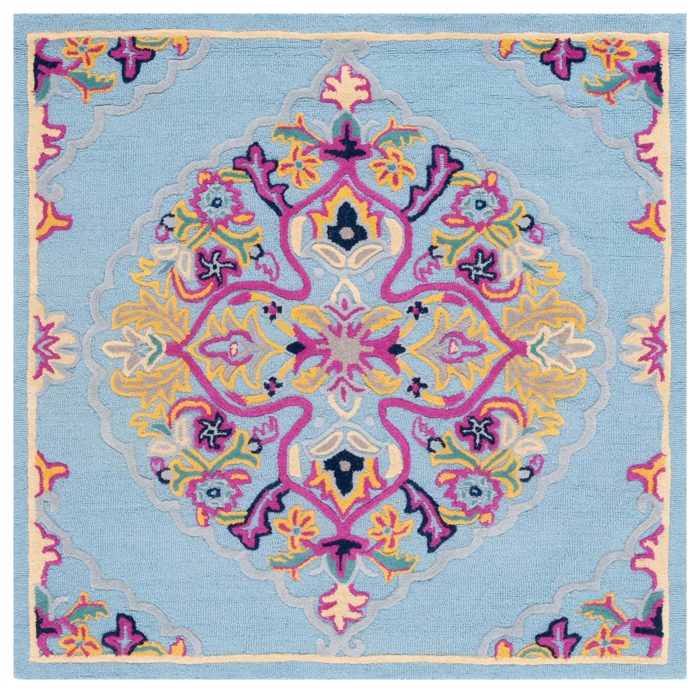 SAFAVIEH Bellagio Rio Floral Wool Area Rug, Light Blue/Multi, 5' x 5' Square