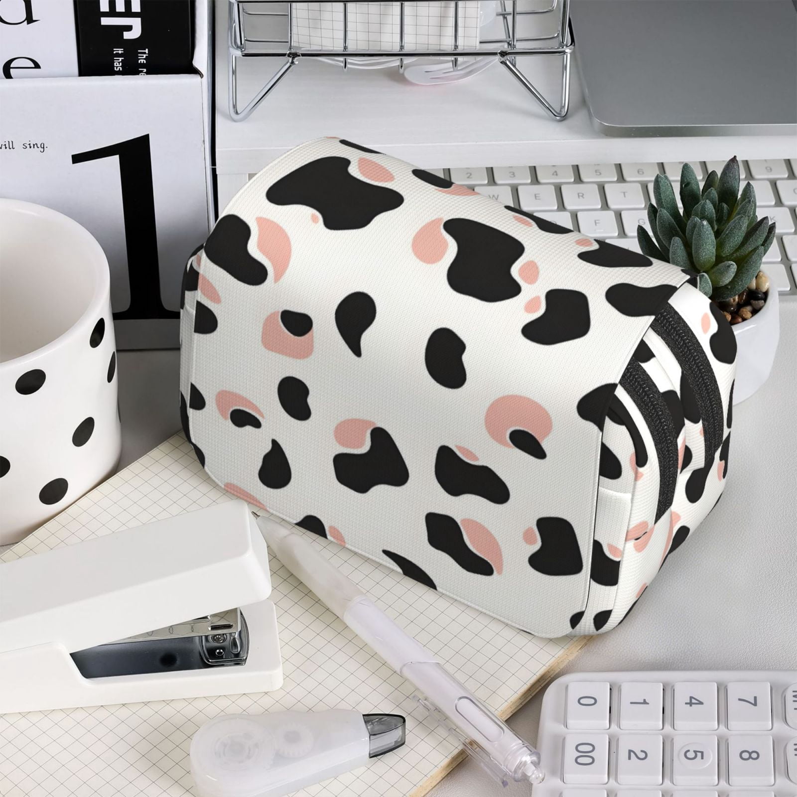 Large-Capacity Flip-Top Double-Layer Pencil Case, Multi-Functional Pocket Pen Case, Durable Stationery Organizer Simple Cow Print Pattern White Background, Pink And White_2