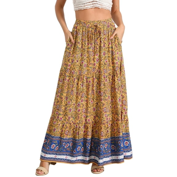 DARING DIVA Women's Boho Flare Floral Skirt XL Yellow