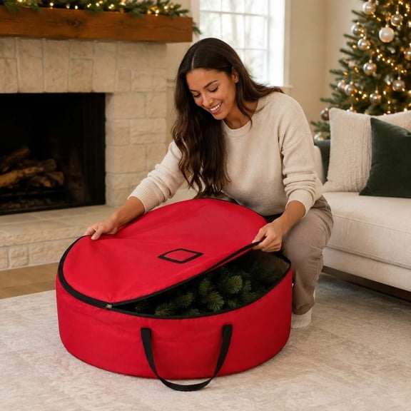 Extra Large Christmas Wreath Storage Bag – Thick PVC Dust-Proof Protection – Dual Zipper Closure – Reinforced Carrying Handles with Label Pocket