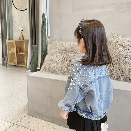 

DancePeanut Kids Girls Denim Jackets Autumn Puff Sleeve Fashion Denim Jacket Top Pearl Decoration Long Sleeve Vintage Casual Coat Jacket