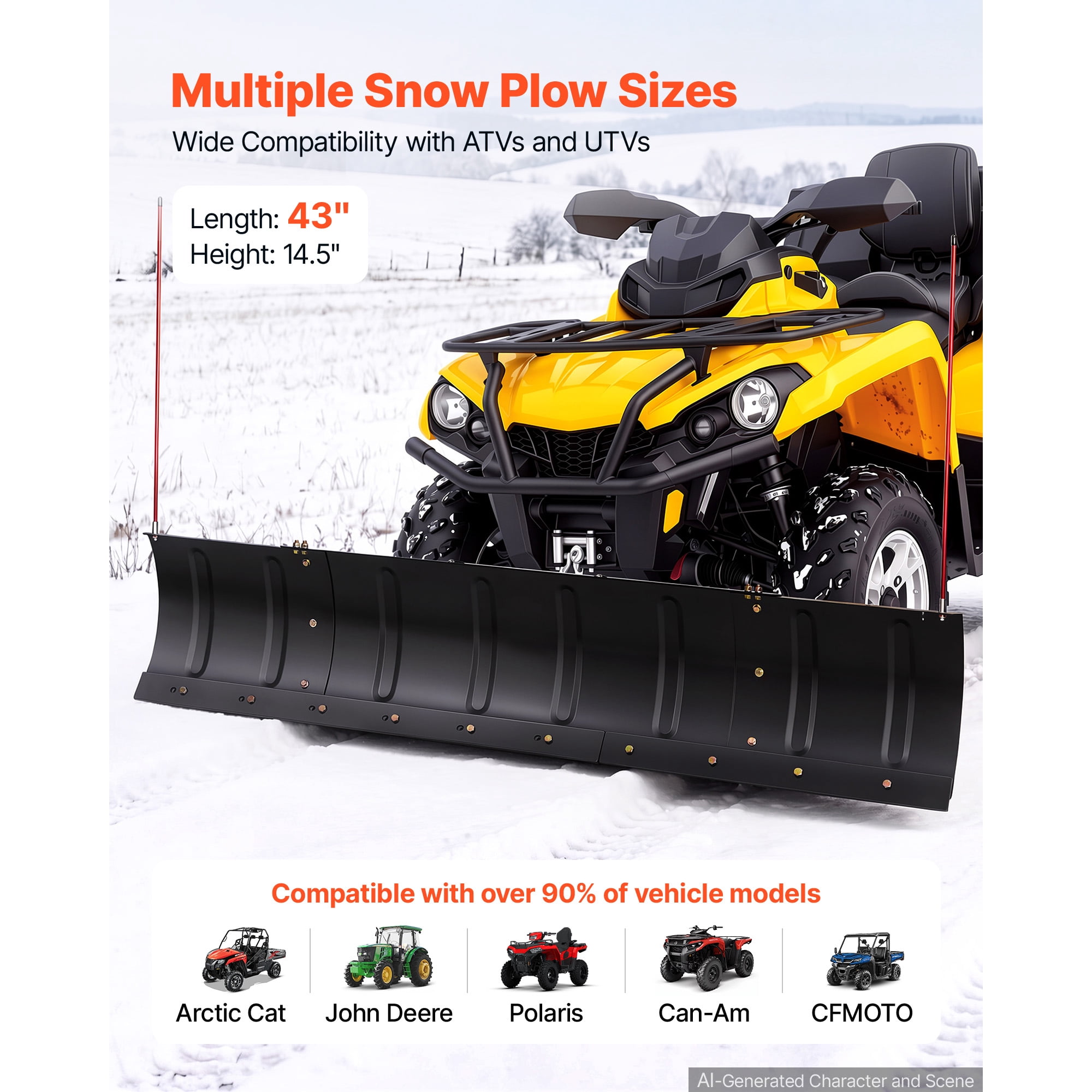 KFFKFF Adjustable Snow Plow Kit with 43-72 Inch Width for ATVs and UTVs, Features Height and Angle Adjustments, Three Mounting Options, Durable Steel Blade for Effective Snow Removal