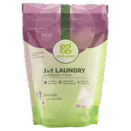 Grab Green Natural 3 in 1 Laundry Detergent Detergent Pre-Measured Powder Pods, Lavender with Vanilla, 24