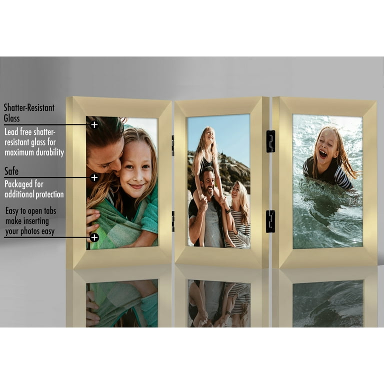 Americanflat Hinged 3 Photo Frame in Light Wood MDF - Desk Photo Frame for  4X6 Photos - Tri Folding Picture Frame For Desk - Displays 3 Photos with  Shatter-Resistant Glass Covers 