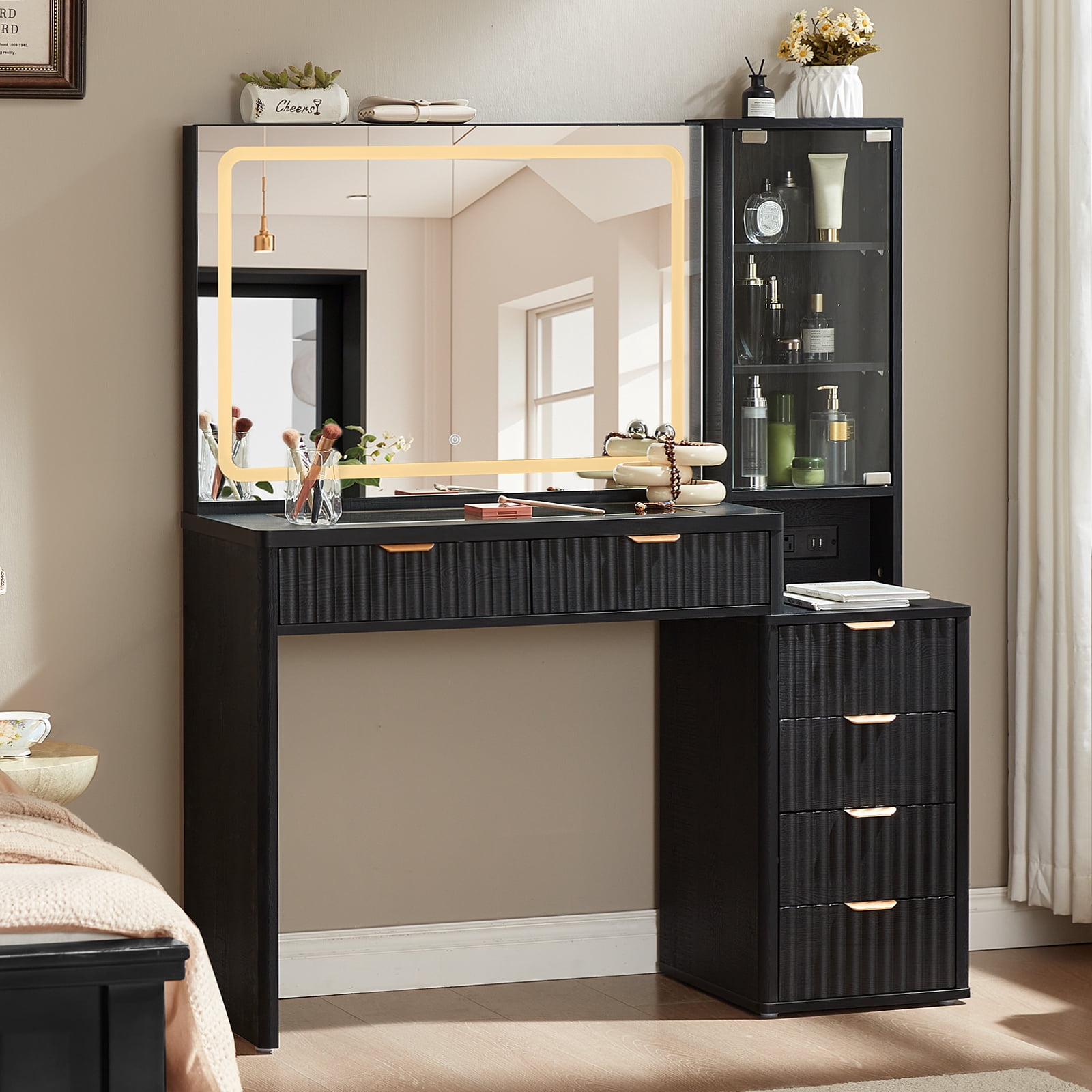 43.5" Vanity Desk with Mirror, LED Lights and Charging Station, Makeup Vanity with 3 Shelves & 6 Fluted Drawers, Vanity Set for Bedroom, Black