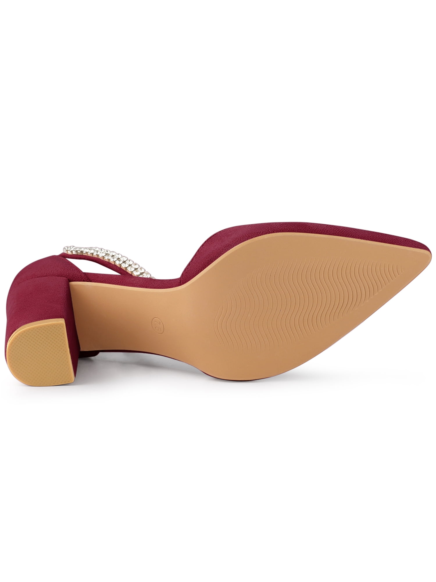 DARING DIVA Women's Pointed Toe Rhinestone Ankle Strap Chunky Heels Pumps Burgundy 10