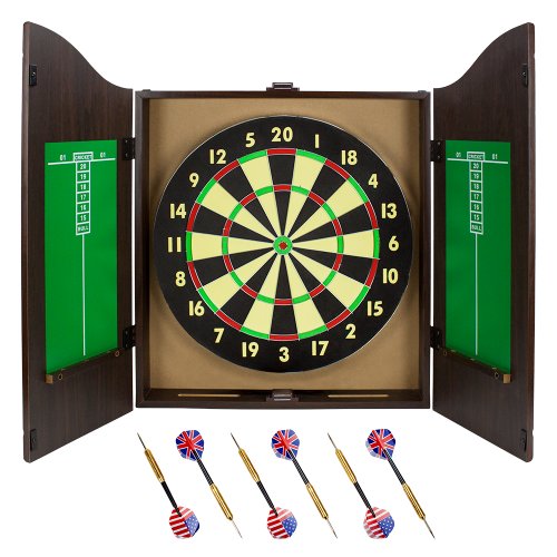 Triple Out Darts Walnut Dartboard Set with 6 Brass Darts and