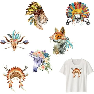 6 Pcs Animal Heat Transfer Stickers Iron On Transfer Patches Indian Tribal Fox Lion Horse Deer Skull Heat Transfer Vinyls Stickers Decals for T-Shirt Sweatshirt Clothing Applique