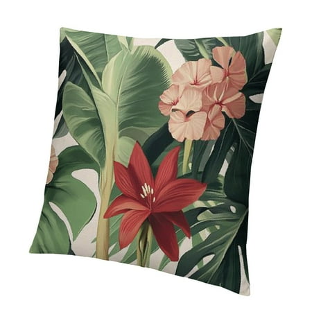 

QCPP Tropical Plants Red Flowers Green Leaves Short Plush Pillowcase High-Quality 1PC 22x22in