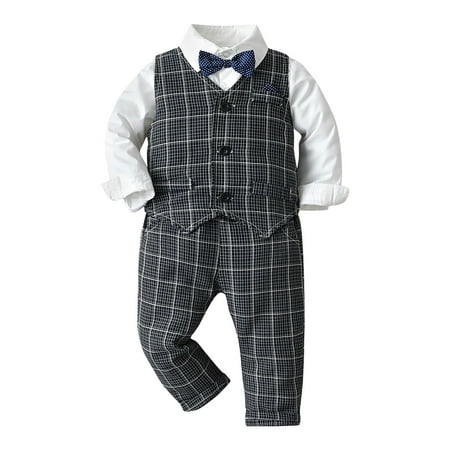 Pandaie Baby Boy Suit Toddler Formal Outfit Kids 3 Piece Vest Gentleman Clothes Long Sleeve Shirt Pants Overalls Set Grey 3-6 Months