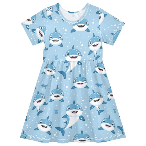joogoo Cartoon Shark Girls' Short Sleeve Dress Kids Dresses 5-6T
