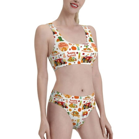 Uemuo Fall Farm Pumpkin Printed Women s High Waisted Bikini Sets Sporty Two Piece Swimsuits Color Block Cheeky High Cut Bathing Suits-Small