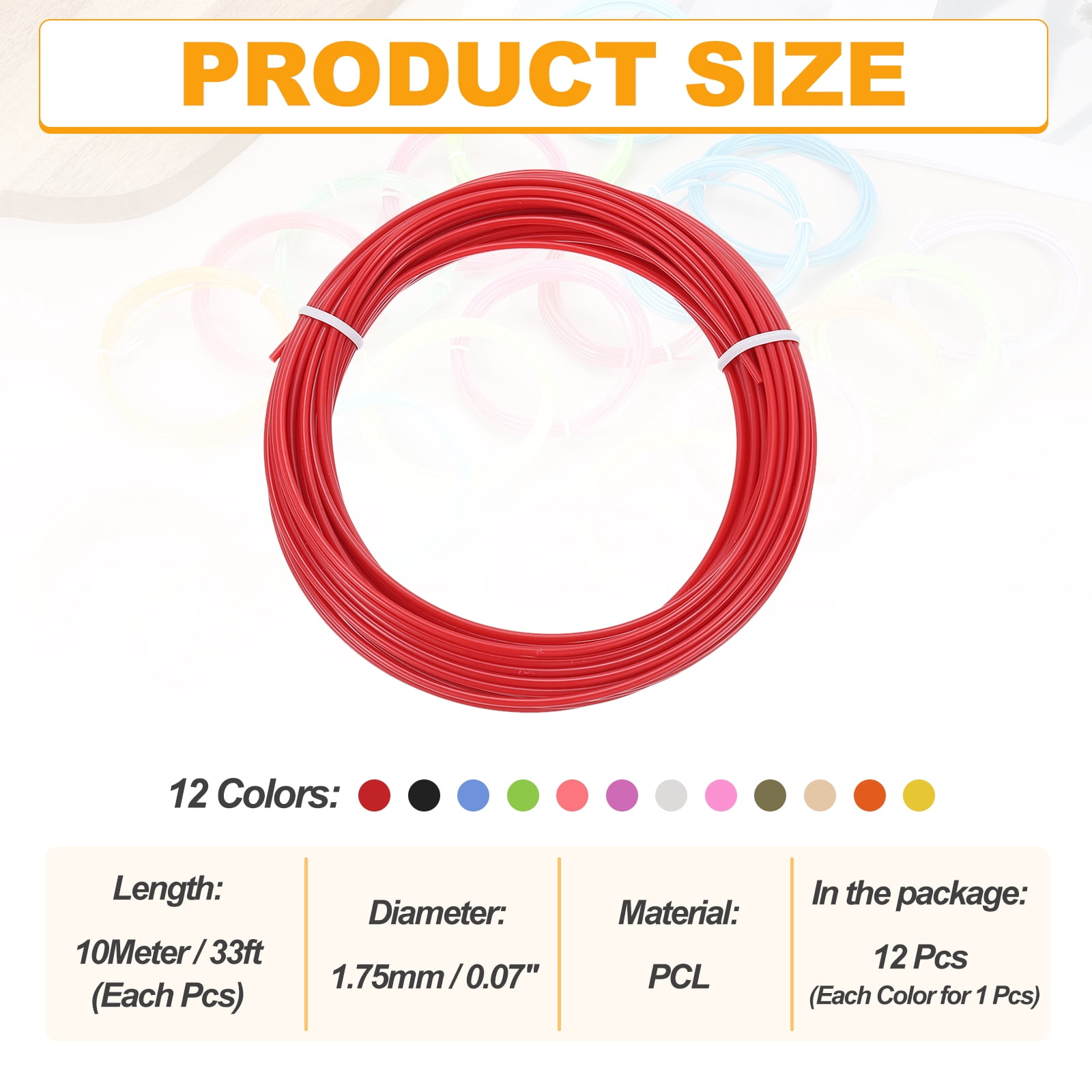 Uxcell 12 Colors 3D Pen Filament, 1.75mm Each 33FT, Total 396FT PCL Filament Refills Low Printing Temperature for 3D Drawing Pens