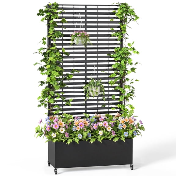 Dovov Raised Garden Bed with Trellis, Outdoor Metal Planter with Drainage Hole, Rolling Trellis Planter Box for Climbing Plants, 35"W x 73"H, Black