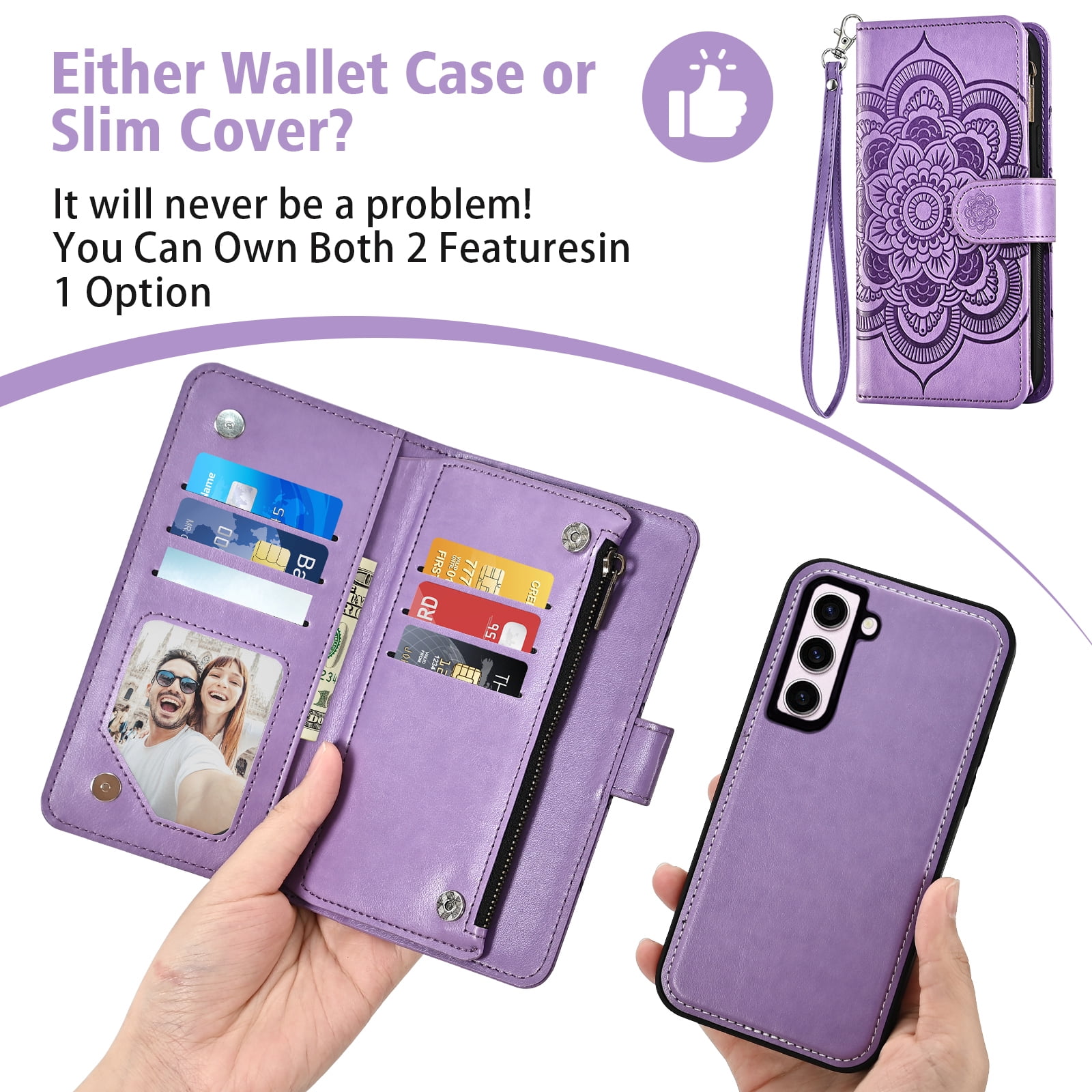 Asuwish Phone Case for Samsung Galaxy S23 5G Zipper Wallet Magnetic Detachable Cell Cover with Tempered Glass Screen Protector Crossbody Strap Flower Card Holder Slot S 23 23S SM-S911U Women Purple