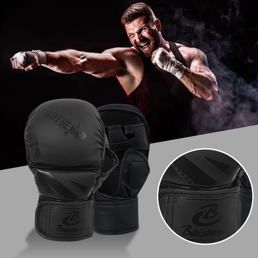 Half Finger Boxing Gloves Thickened Heavy Punching Bag Gloves Exercise Training PU Leather Sponge Gym Mitts Gloves(Children Black)