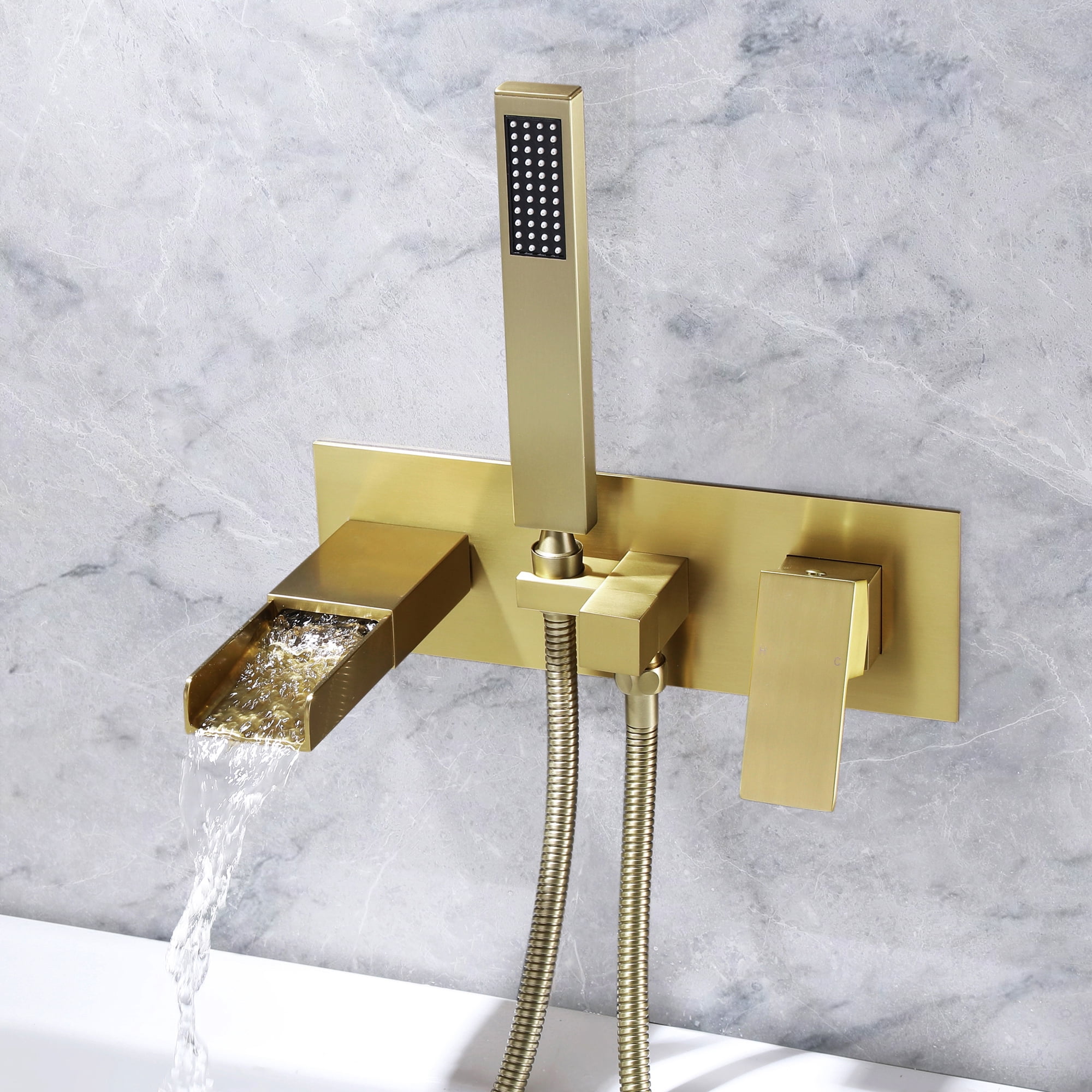 Wall Mounted Bathroom Bathtub Faucet with Hand Shower, Single Lever Handles Channel Tub Filler with Rough-in Valve