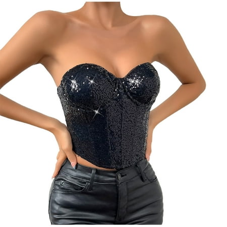 TDYHUAO Womens Glitter Sequin Bustier Corset Top Back Zipper Strapless Tube Top Party Club Festival Outfit for Women and Girls