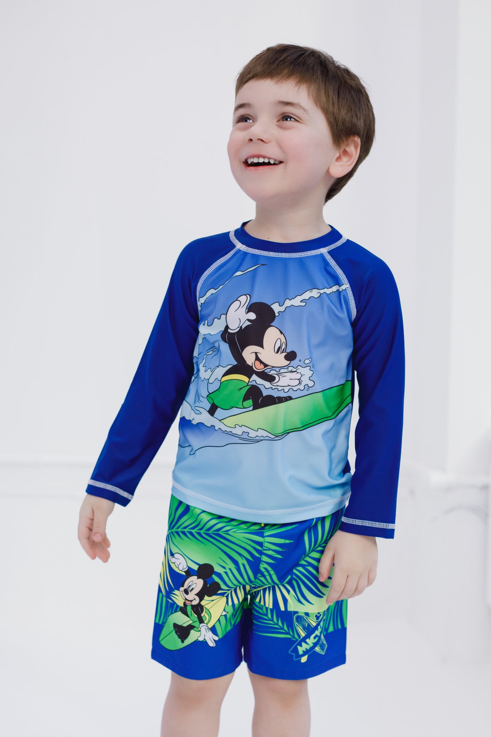 Disney Mickey Mouse Baby Boys' Swimwear 2-Piece Rash Guard and Swim Trunks Set Mickey Tropical Navy