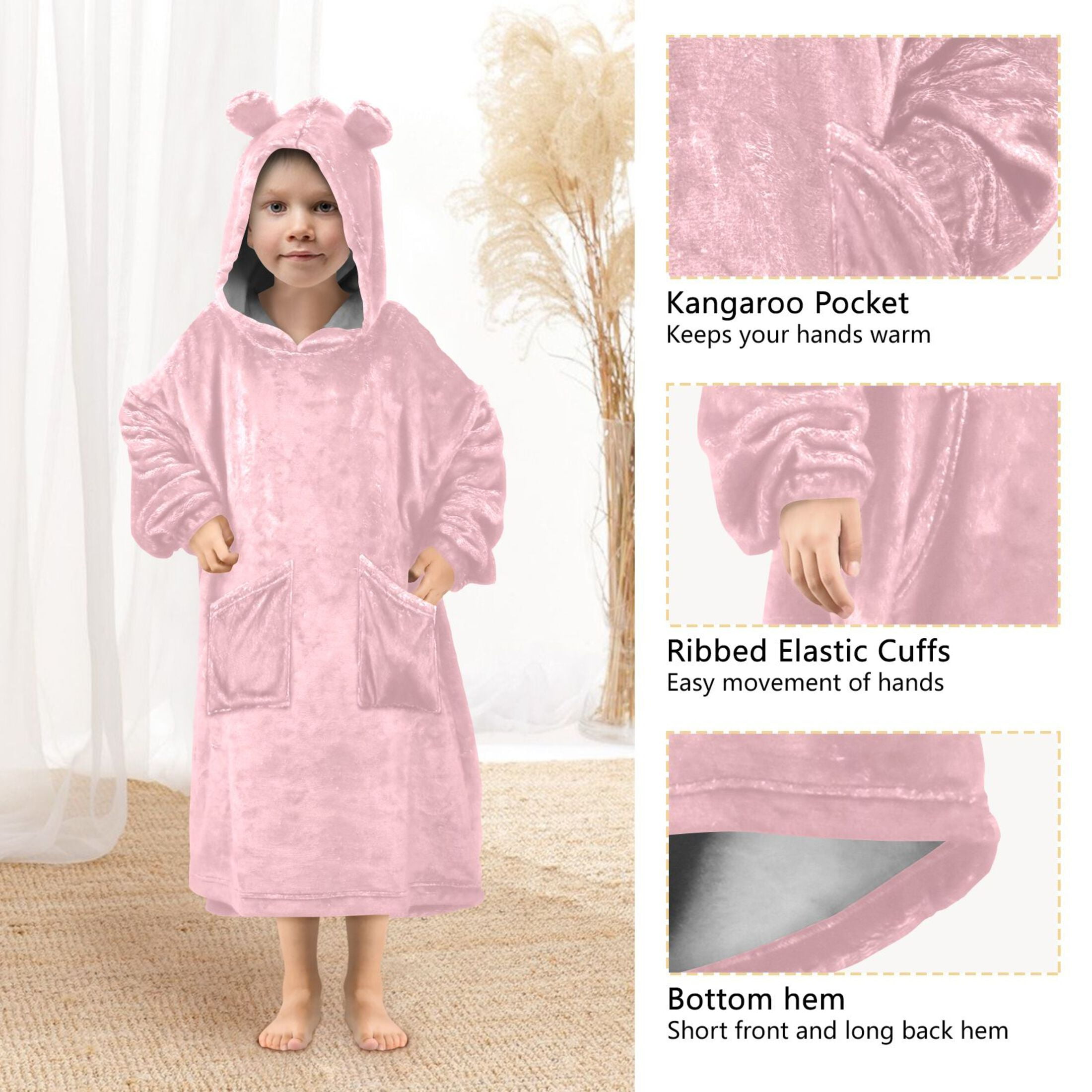joogoo Wearable Blanket Hoodie for Kids Solid Pink Flannel Oversized Sweatshirt 3-14 Years S