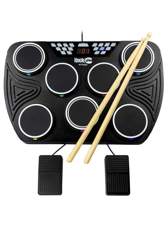 RockJam 7 Pad Electronic Bluetooth MIDI Tabletop Drum Kit with Drum Sticks