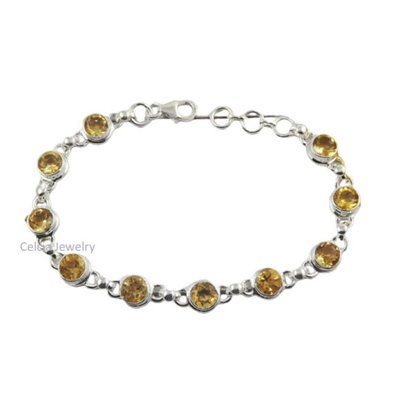 Solid 925 Sterling Silver Bracelet For Men Women, Genuine Round Citrine Multiple Gemstone Unique Handcrafted Bracelet For Her Him