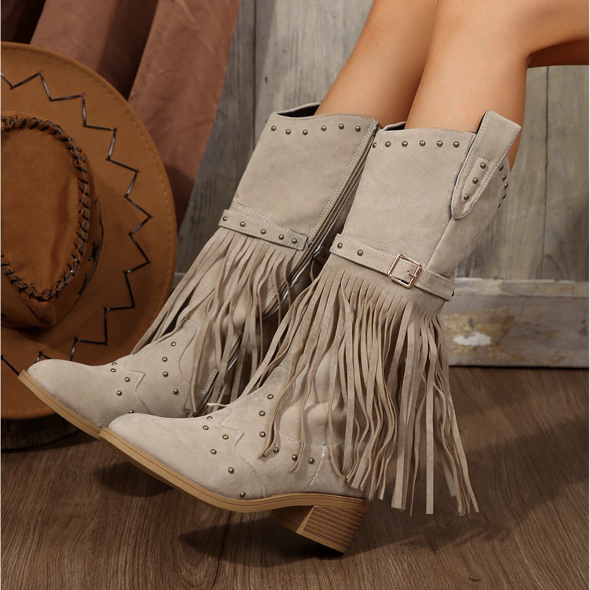Women's Western Cowboy Boots - Studded Fringe Long Boots With 2.76" Block Heel