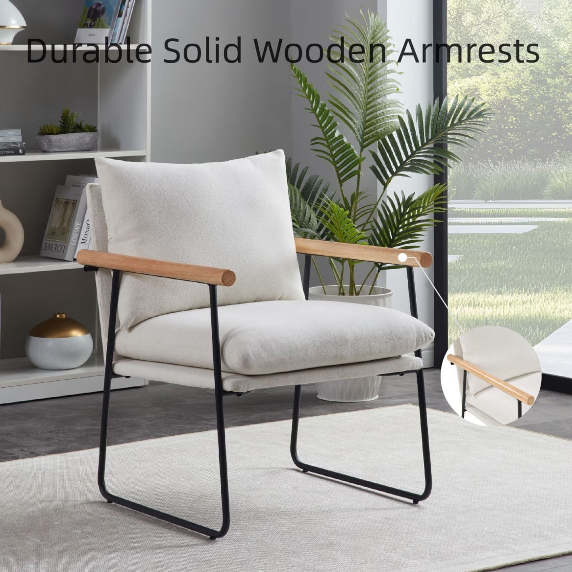Modern Accent Chair, Comfy Arm Chair with Removable Cushion and Solid Wood Armrests, Linen Upholstered Vanity Chair for Living Room, Bedroom, Reception Room, Milk White