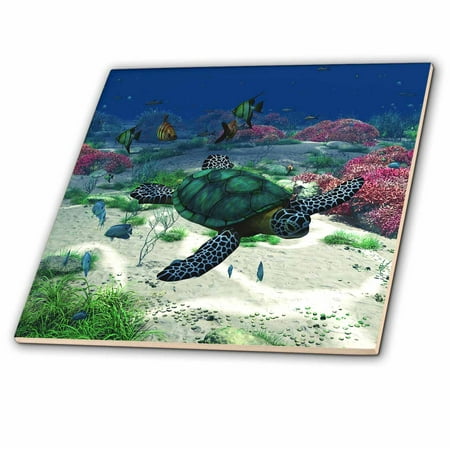 - 3dRose Sea turtle swims through the ocean with tropic fishes corals and more - Ceramic Tile, 4-inch