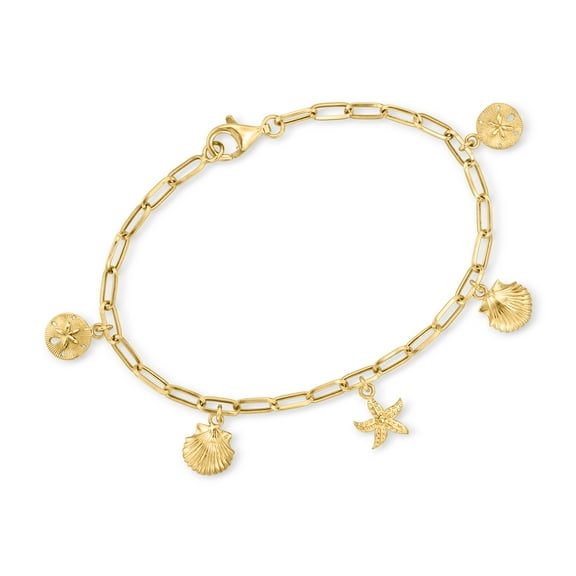 Ross-Simons 14kt Yellow Gold Sea Life Paper Clip Link Charm Bracelet, Women's, Adult