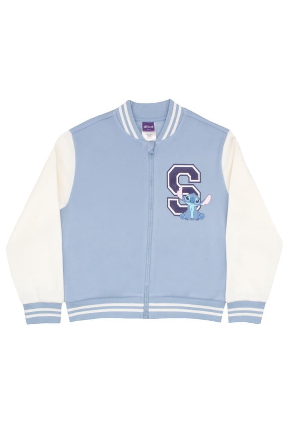 Lilo & Stitch Girl's Zip-Up Varsity Bomber Jacket - Casual Lightweight Coat with Stitch Graphic Print for Kids (Sizes 7-16)