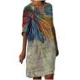 thumbnail image 2 of Pntutb Robe de Mode pour Femmes Robe à Manches 3/4 Mode Fleurs Imprimées Taille Robe d'Été Col en V Longueur Genou, 2 of 5