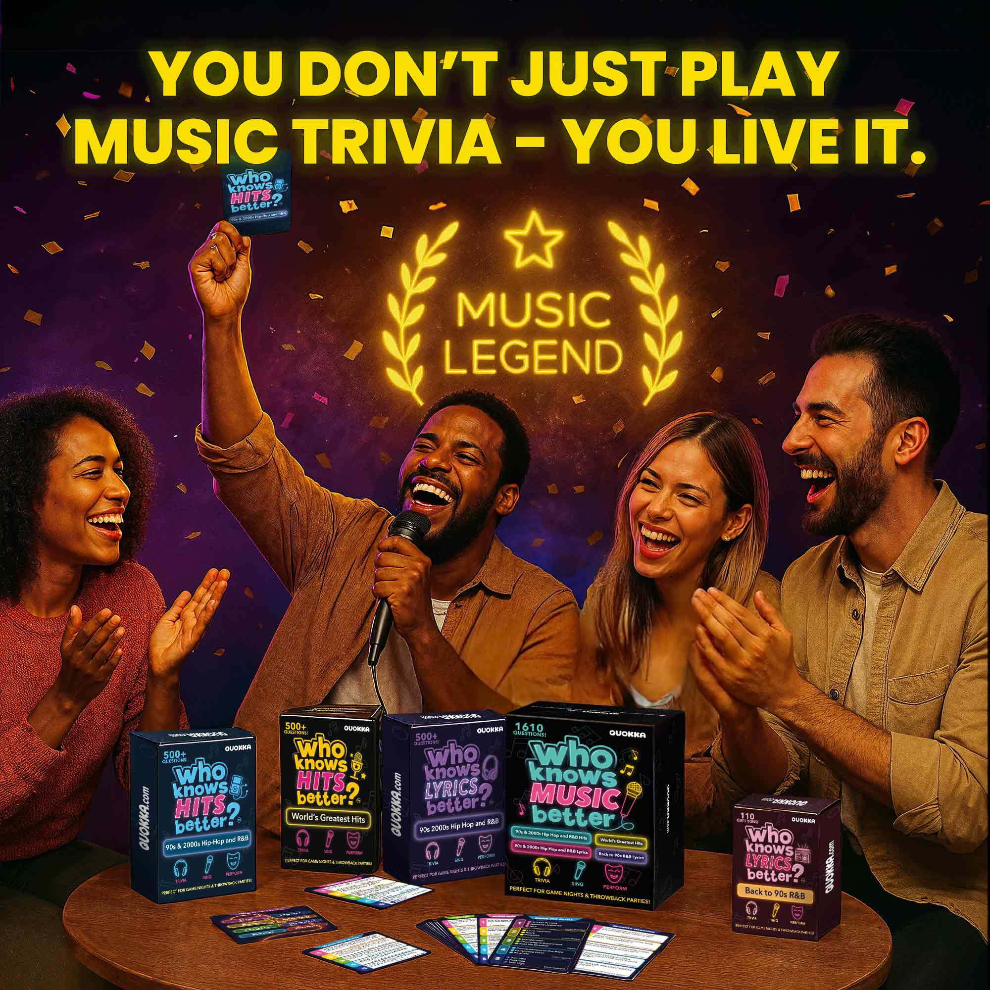QUOKKA Card Game for Adults - Who Knows Music Better? Card Games - 4 Pack Ultimate Music Game Box