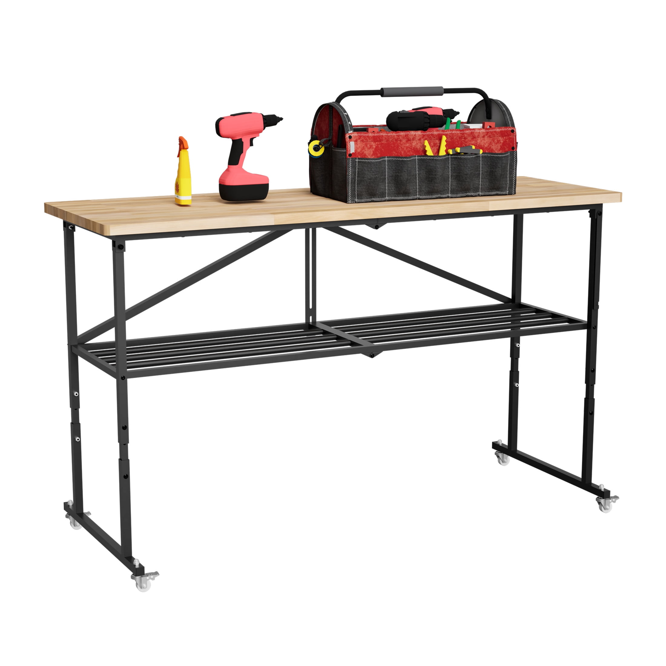 Noble House 68" Smart Heavy-Duty Folding Butcher-Block Workbench, Portable Adjustable Wood Utility Table, Natural