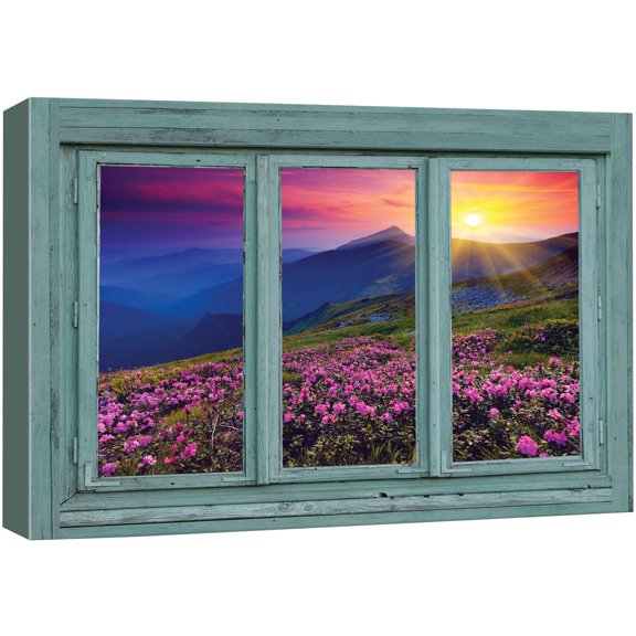 wall26 Canvas Print Wall Art Orange Sunset Over Pink Daisy Field Mountain Nature Wilderness Photography Realism Rustic Landscape Colorful Multicolor Vibrant for Living Room, Bedroom, Office - 24"