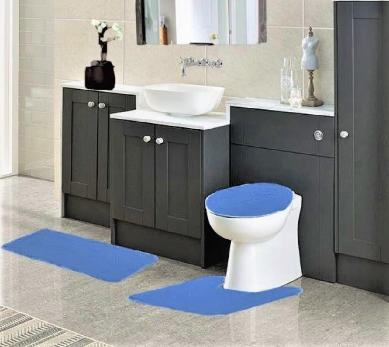 3PCS BATHROOM SET BATH RUG CONTOUR MAT TOILET LID COVER FLORAL DESIGN NON-SLIP 