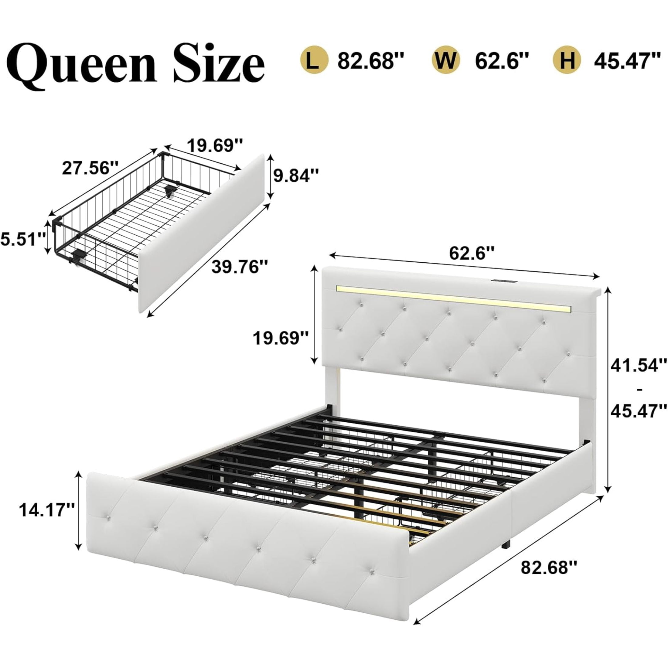 Noble House Quinci Queen Bed Frame with LED Light and Adjustable Headboard, Storage Drawers & Charging Station, White