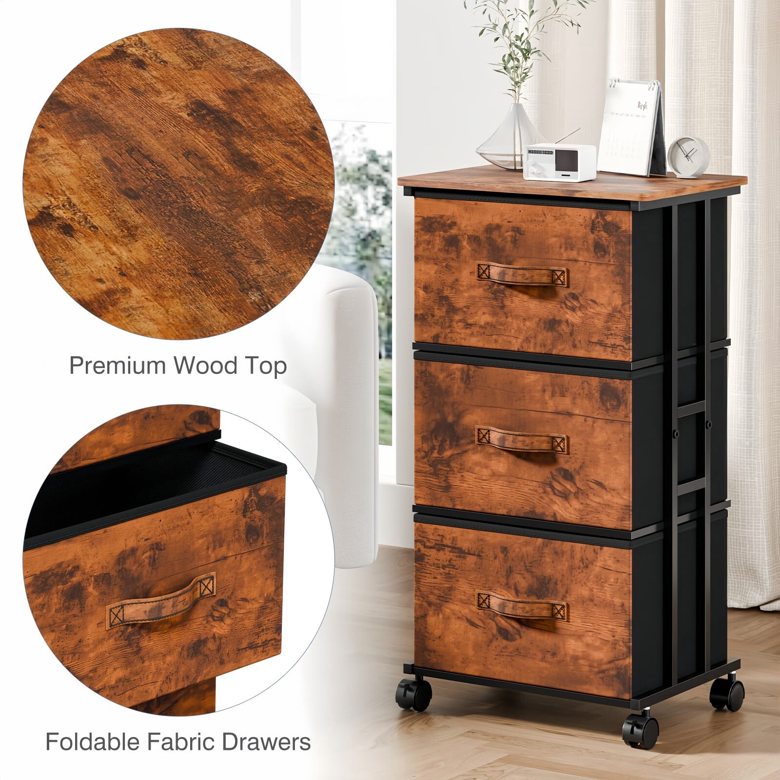 Kelno 3 Drawers Rolling Fabric Dresser Mobile Nightstand Storage Cabinet with Wheels, Rustic Brown