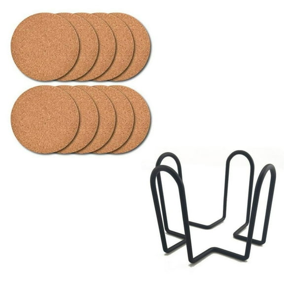 10 Pcs Natural Cork Round Coasters with Coaster Storage Rack for Drinks