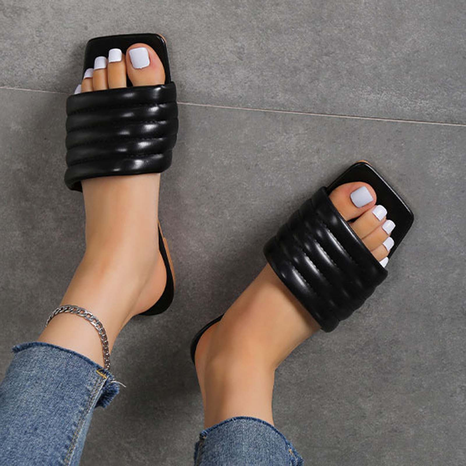 Fashion Womens Summer Peep Toe Square Toe Flats Beach Casual Slippers Comfortable Walking Shoe