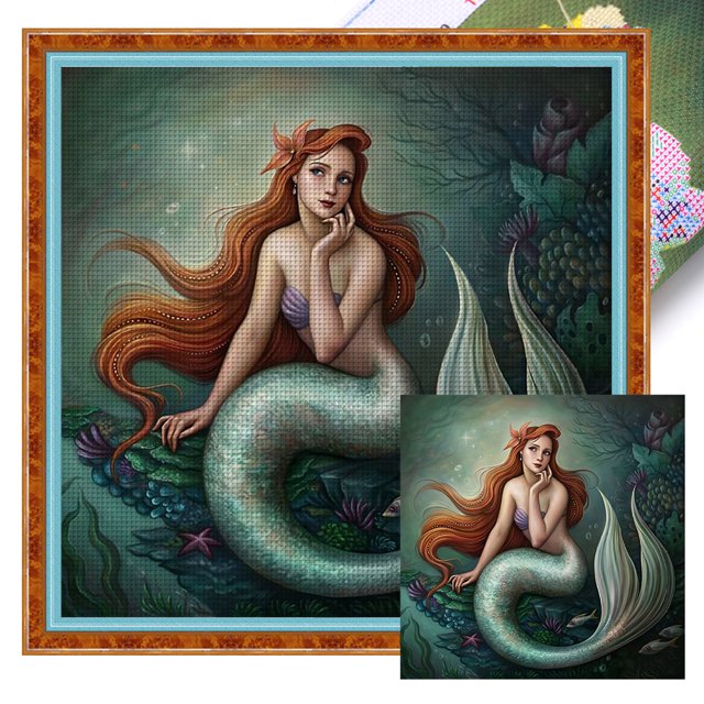 Hilo de bordar completo de algodón ecológico Wdftyju 11CT Kit de punto de cruz estampado de sirenas 40x40cm